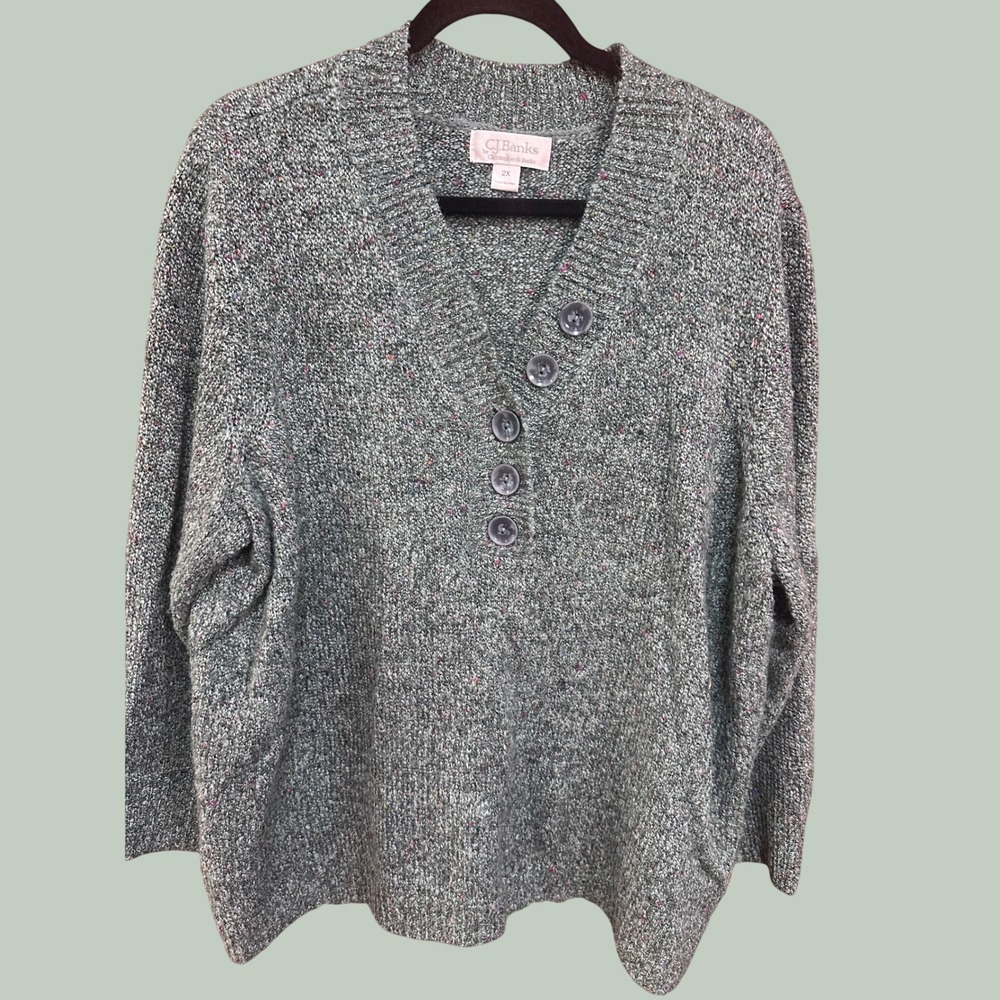 CJ Banks Women 2X Green Marled Confetti Knit V-Neck Button Sweater 5634 Silk Mix